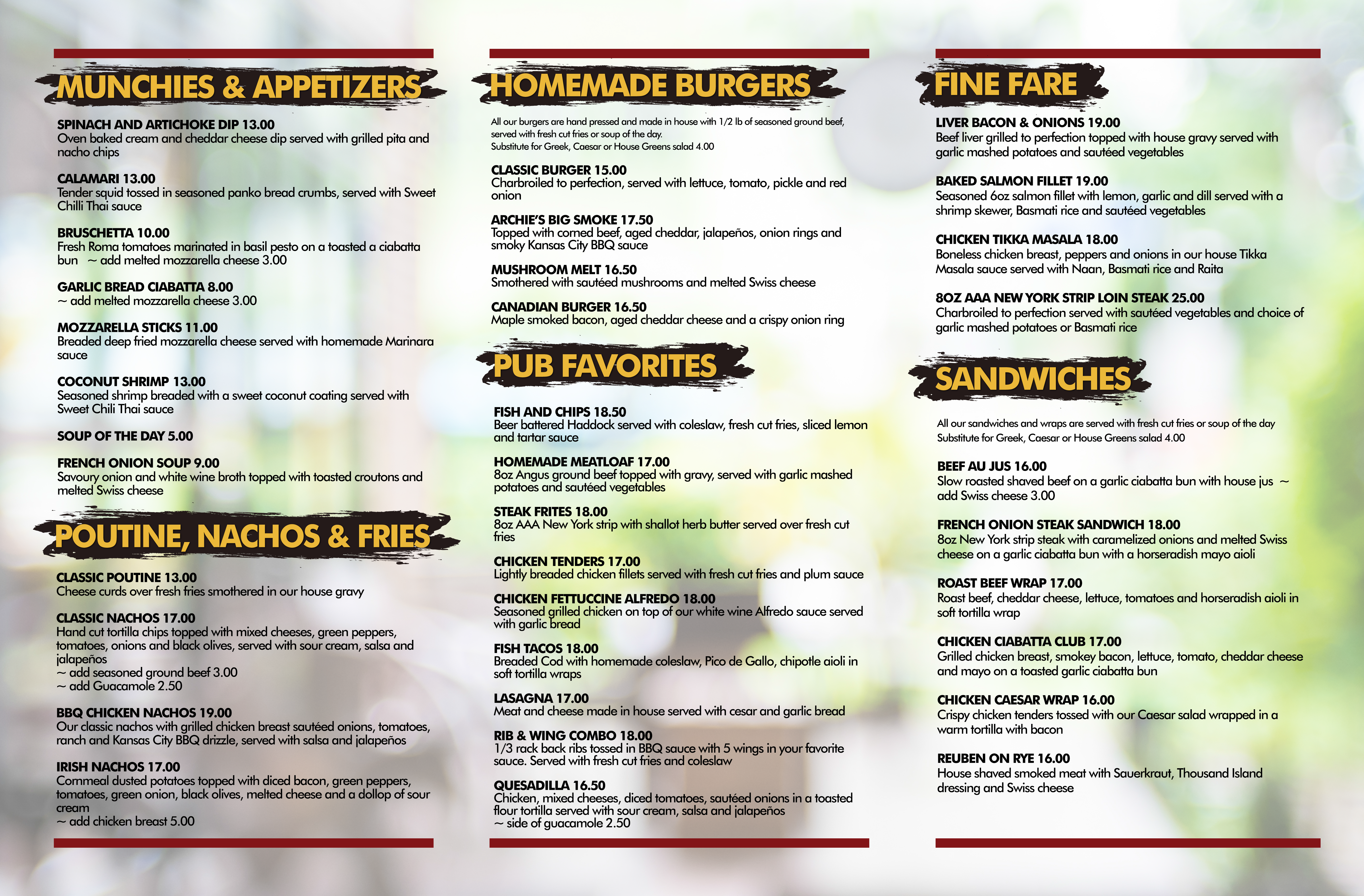 Archibald's Pub Menu