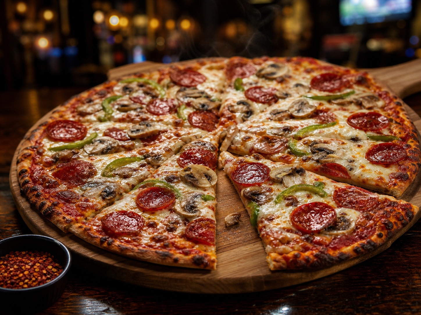 A deluxe pub pizza on a wooden board.